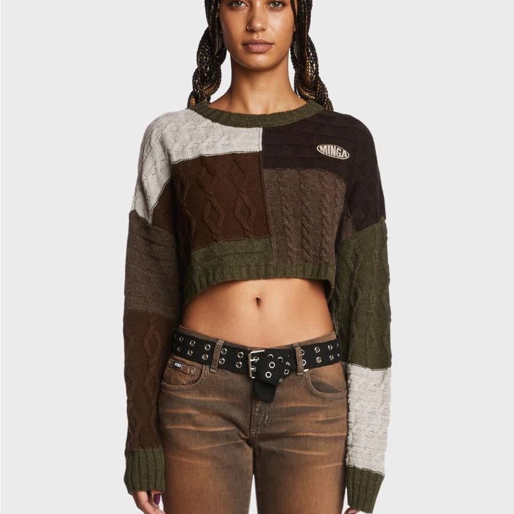 Minga London Patchwork Cropped Sweater - Brown and Green